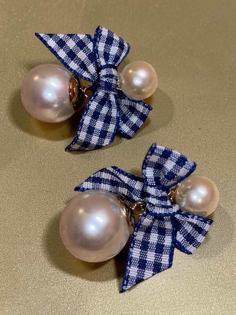 J. CREW Pearl n Bow Studded Earrings in Black n White Gingham Pattern, Pierced